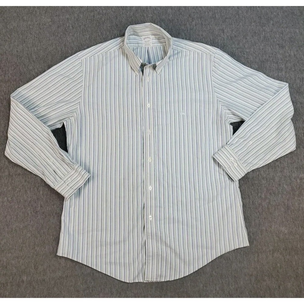 Brooks Brothers Shirt Mens Large Regent Supima Cotton Green Blue Striped Western